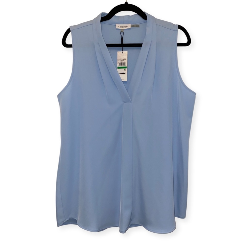 Calvin Klein pleated sleeveless v-neck blouse, solid blue, size L